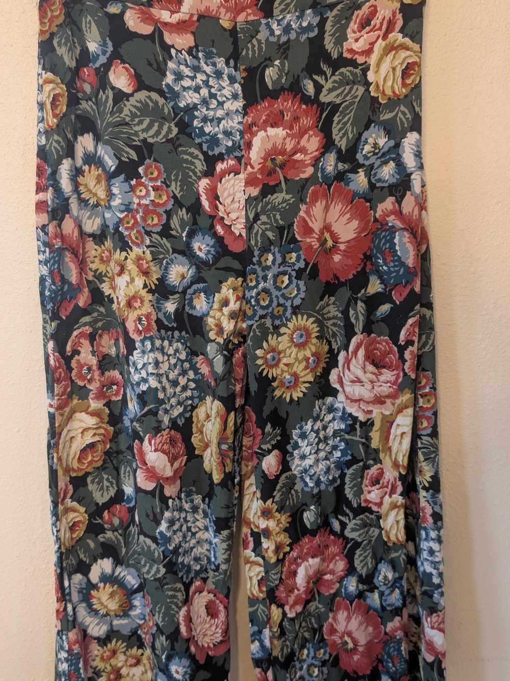 Zara Wide Leg Floral Pants in Black with Red, Yellow & Blue Flowers M